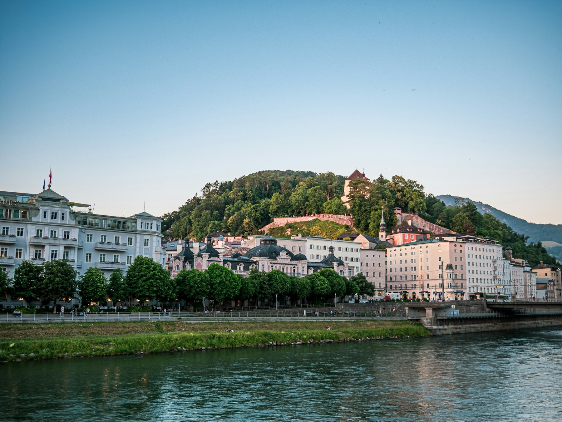 The Salzach River and historic buildings in Salzburg